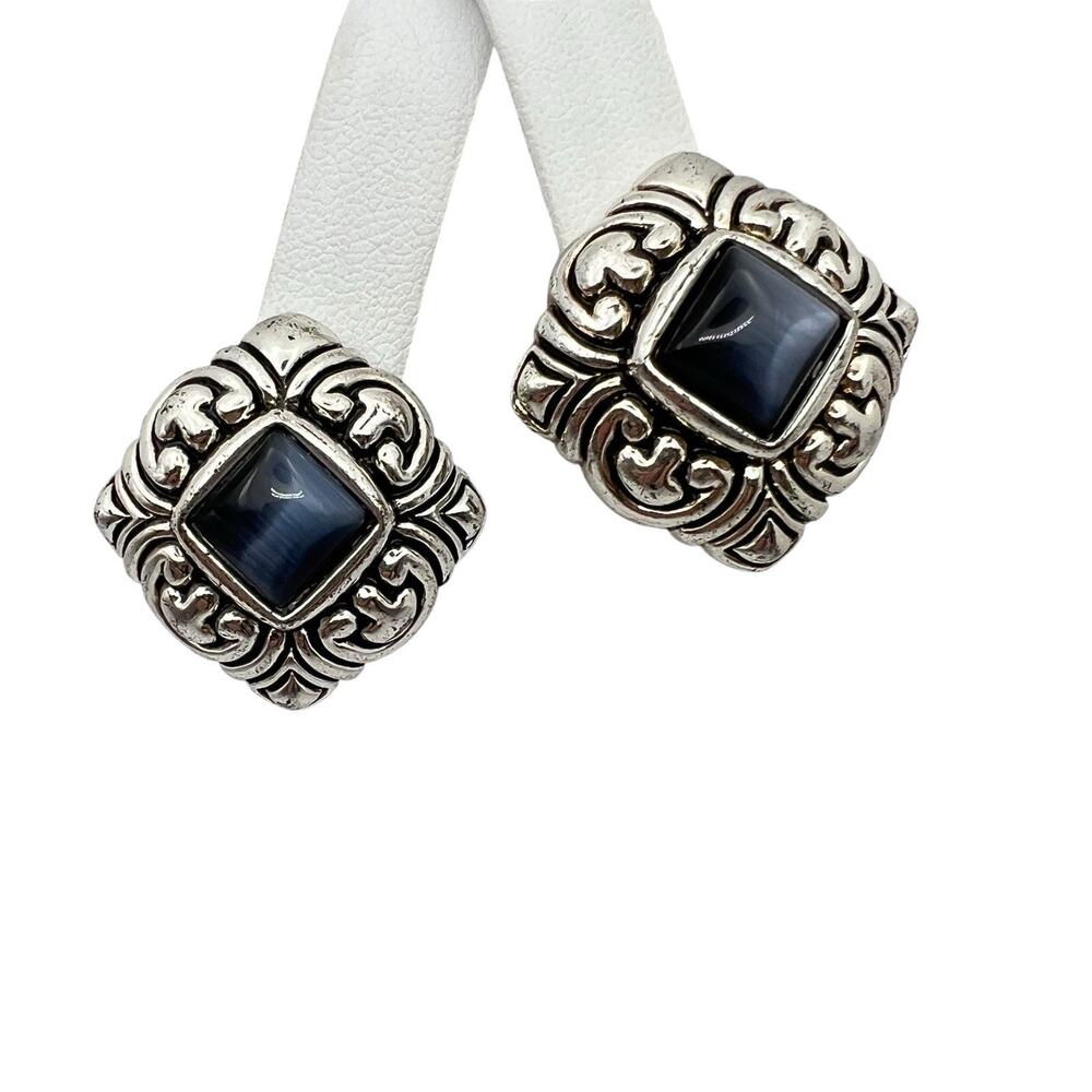 Vintage Clip On Earrings Retro Artisan Blue Stone Silver Tone Ornate Scrollwork